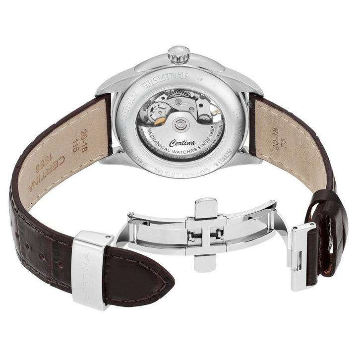 Certina DS-1 Skeleton shows the back with automatic movement, brown leather strap and folding clasp.