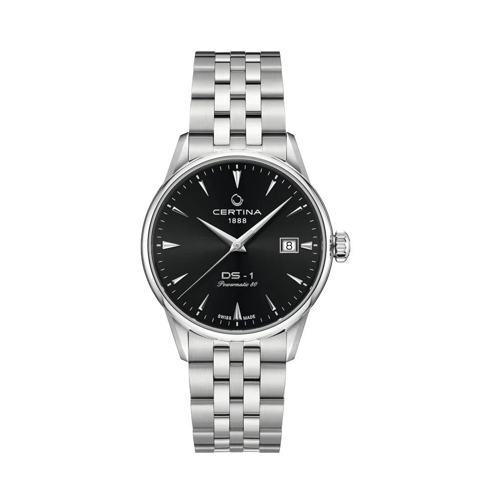 Certina DS-1 black dial with date and steel chain, elegant men's watch, Model C0292071105100
