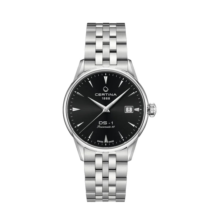 Certina DS-1 black dial with date and steel chain, elegant men's watch, Model C0292071105100