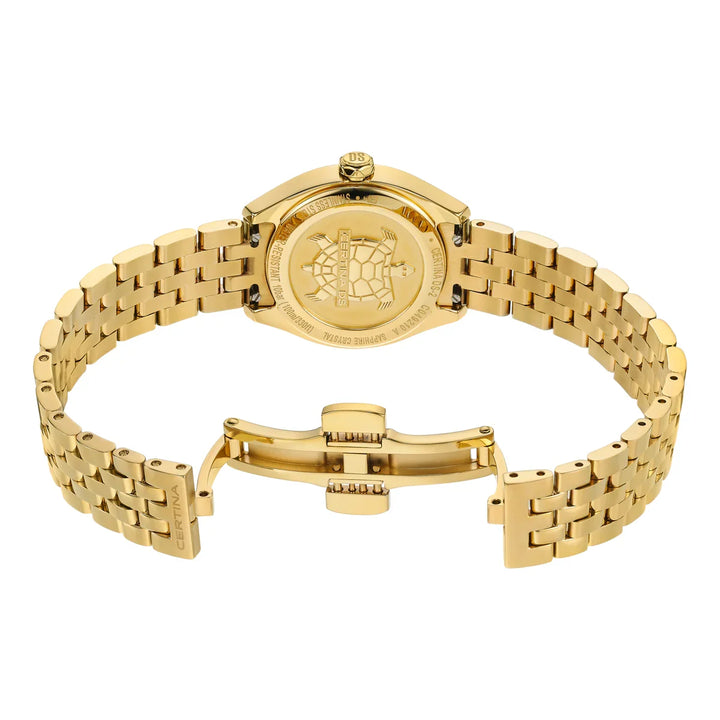 Certina DS-2 Lady Quartz gold PVD shows the case back and the elegant gold chain. Model C0492103311600