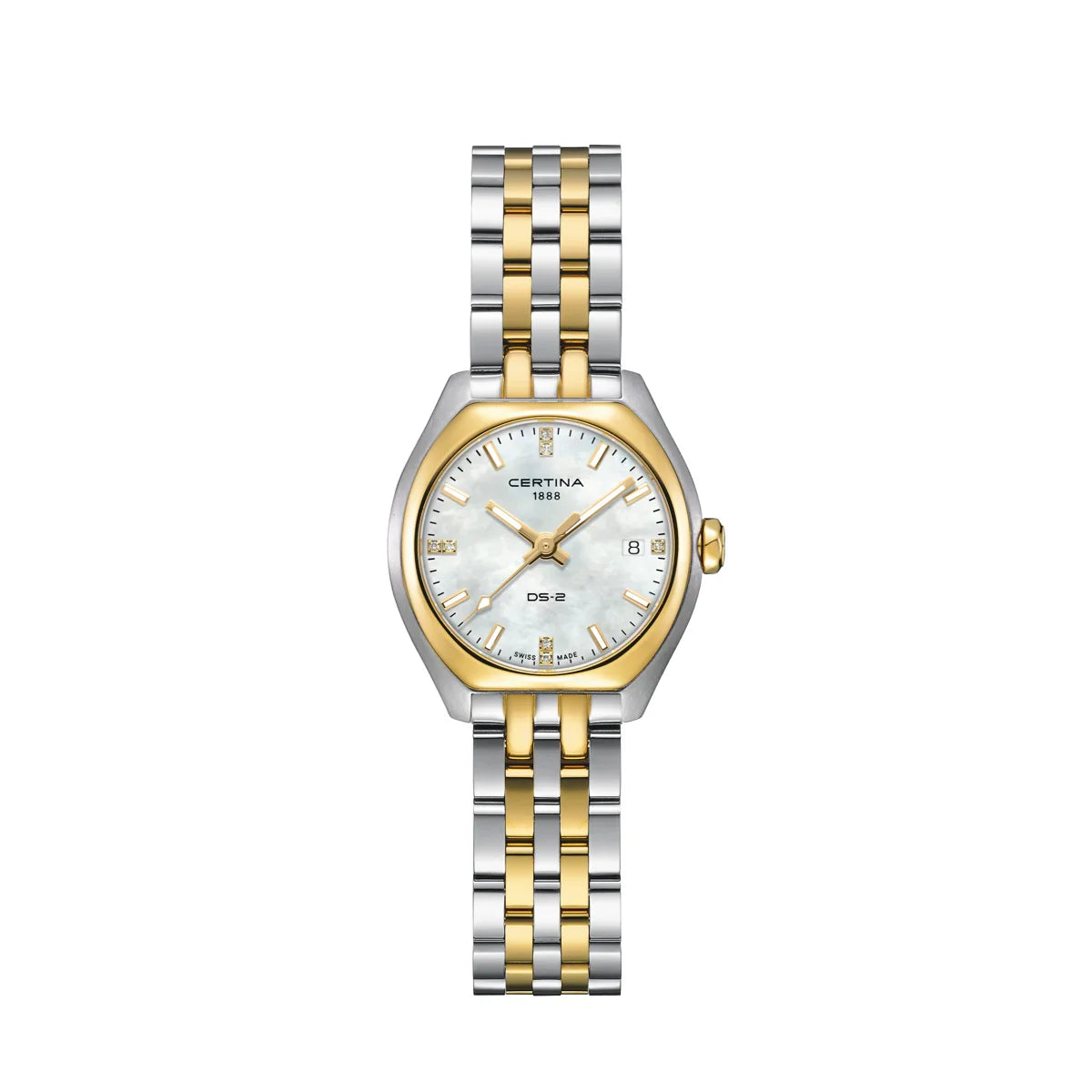 Certina DS-2 Lady steel w/gold PVD with white mother-of-pearl dial and two-tone chain. Model C0492102211600