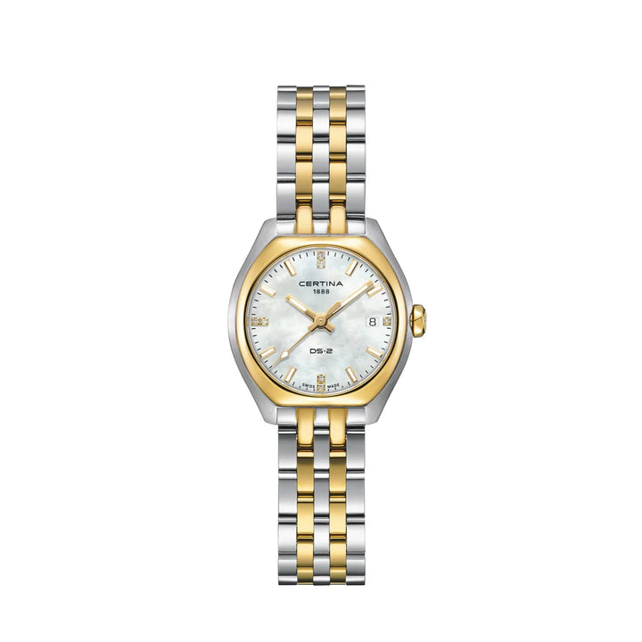 Certina DS-2 Lady steel w/gold PVD with white mother-of-pearl dial and two-tone chain. Model C0492102211600