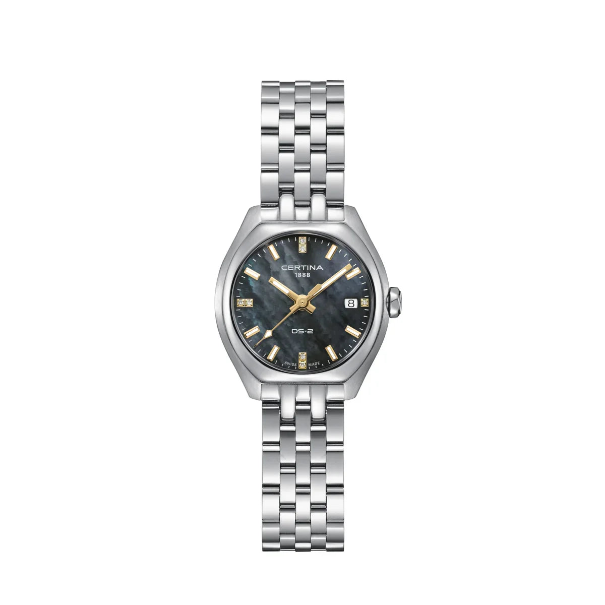Certina DS-2 Lady Steel with chain shows an elegant ladies' watch in steel with black mother-of-pearl dial, Model C0492101112601.