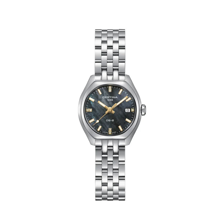 Certina DS-2 Lady Steel with chain shows an elegant ladies' watch in steel with black mother-of-pearl dial, Model C0492101112601.