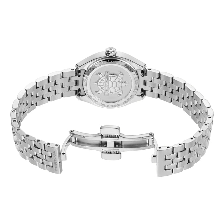 Certina DS-2 Lady steel with chain, watch seen from the back with closed butterfly clasp and engraved turtle. Model C0492101112601