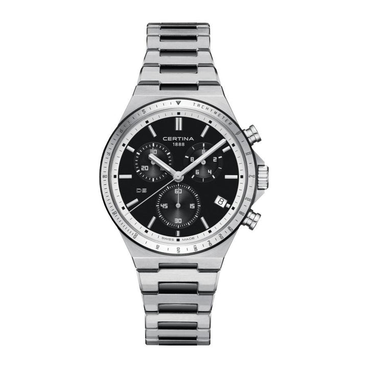 Certina DS-7 Chronograph black dial with silver-colored chain and clear chronographs. Model C0434172205100