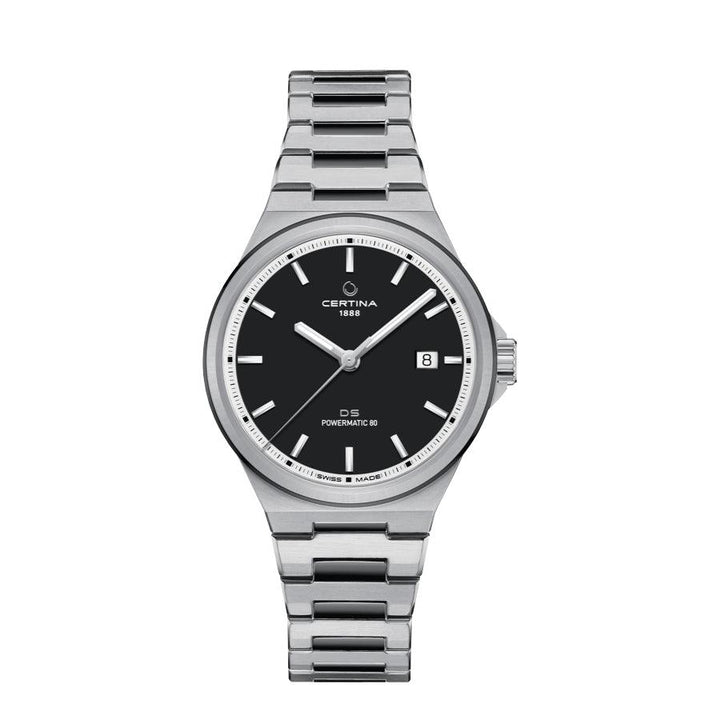 Certina DS-7 Powermatic 80 anthracite PVD coating 39mm men's watch with black dial and steel chain. Model C0434072206100