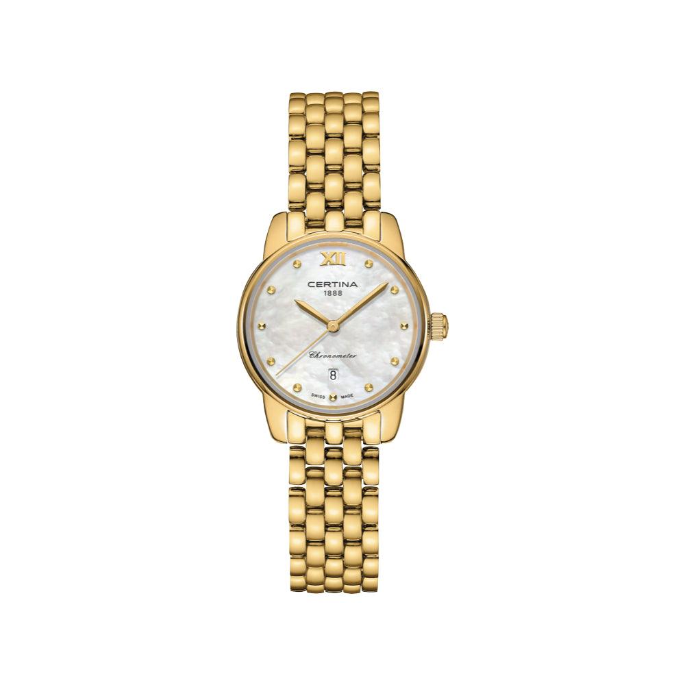 Certina DS-8 Women's watch in PVD colored gold with mother-of-pearl dial, gold details and date display. Model C0330513311800