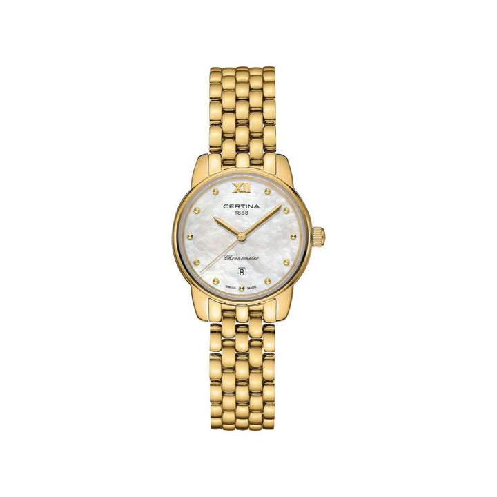 Certina DS-8 Women's watch in PVD colored gold with mother-of-pearl dial, gold details and date display. Model C0330513311800