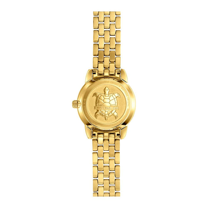 Certina DS-8 Women's watch in PVD colored gold, showing the back of the golden watch with a turtle motif. Model C0330513311800