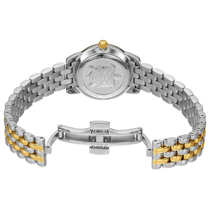 Certina DS-8 Women's watch with two-tone steel chain and golden crown, seen from the back. Model C0330512211801