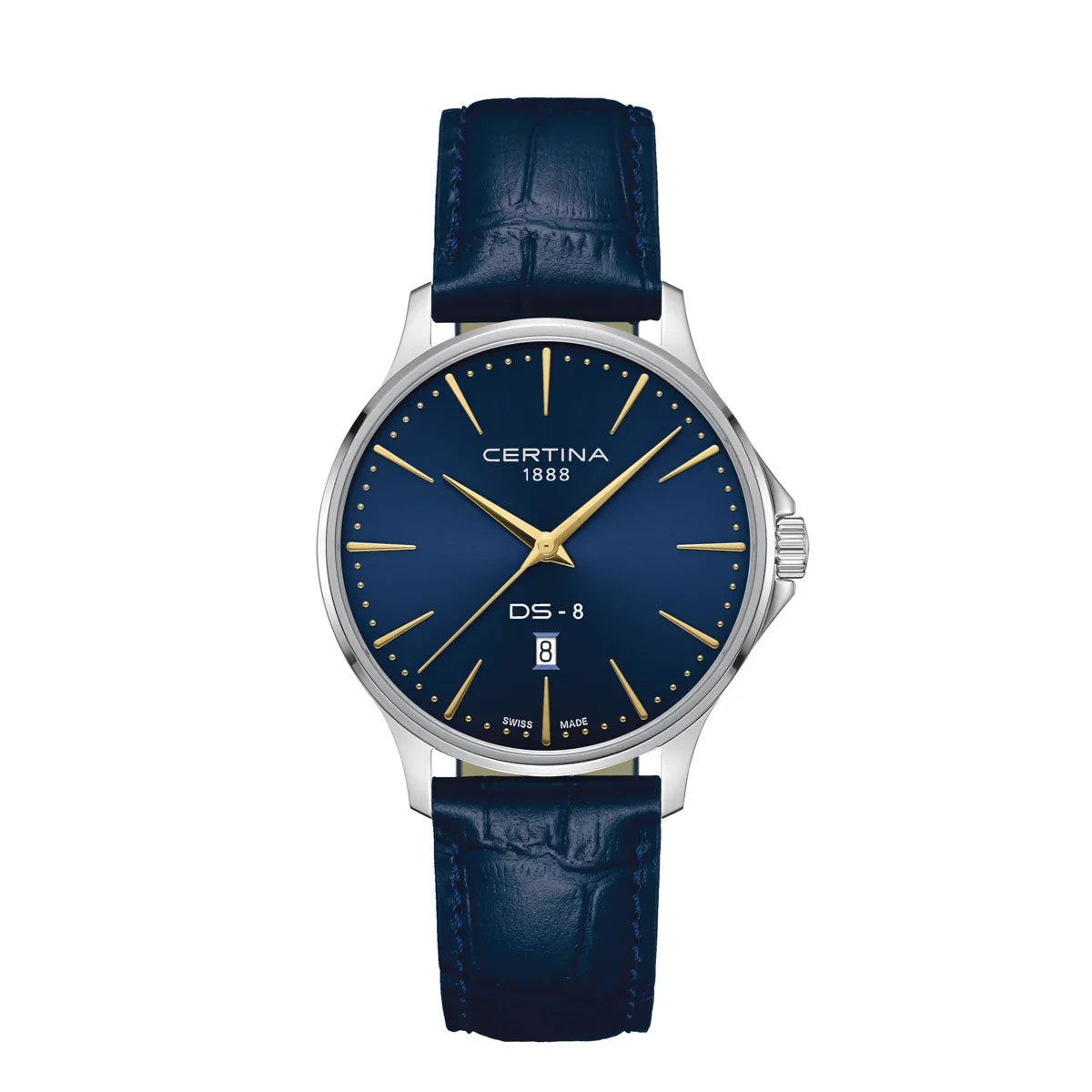 Certina DS-8 Gent 40mm with blue leather strap, elegant dial in blue with gold markings, Model C0454101604100