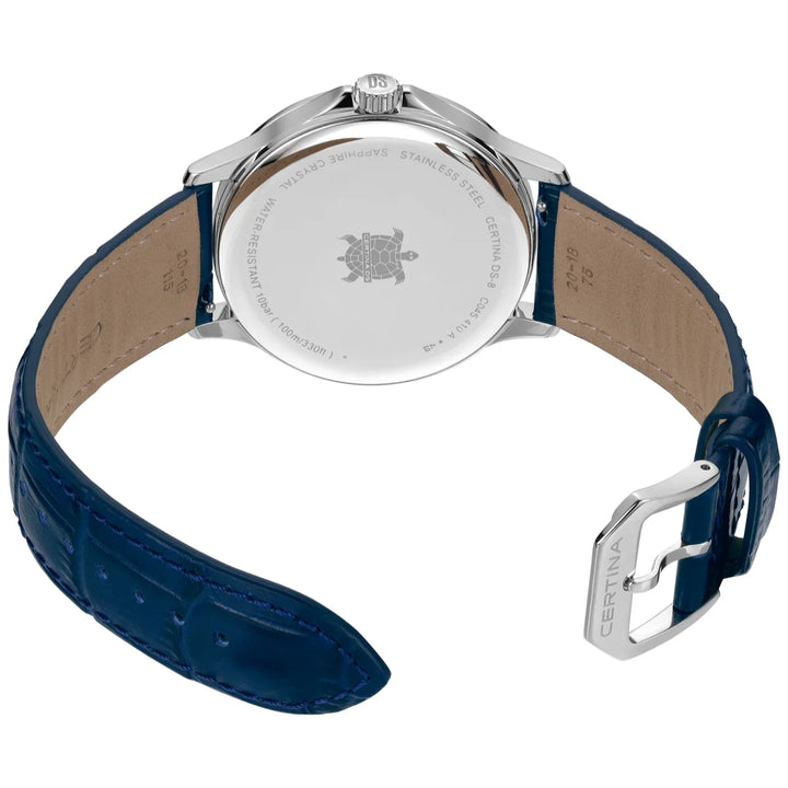 Certina DS-8 Gent 40mm with blue leather strap seen from the back, showing the back of the dial and buckle. Model C0454101604100