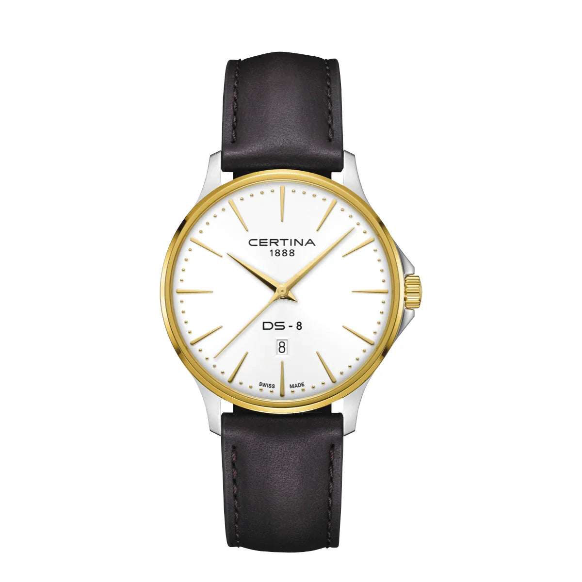 Certina DS-8 Gent 40mm with brown leather strap shows elegant watch case in gold look and white dial. Model C0454102603100