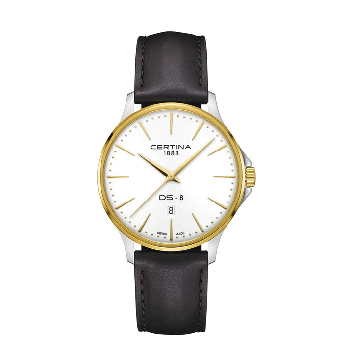 Certina DS-8 Gent 40mm with brown leather strap shows elegant watch case in gold look and white dial. Model C0454102603100
