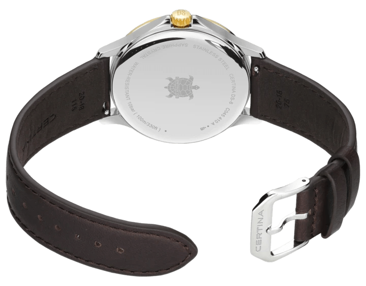 Certina DS-8 Gent 40mm with brown leather strap, steel back case and buckle visible, C0454102603100