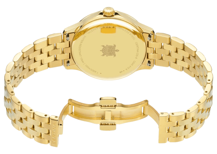 Certina DS-8 Gent gold PVD 40mm with open folding clasp, detailed caseback and gold bracelet.