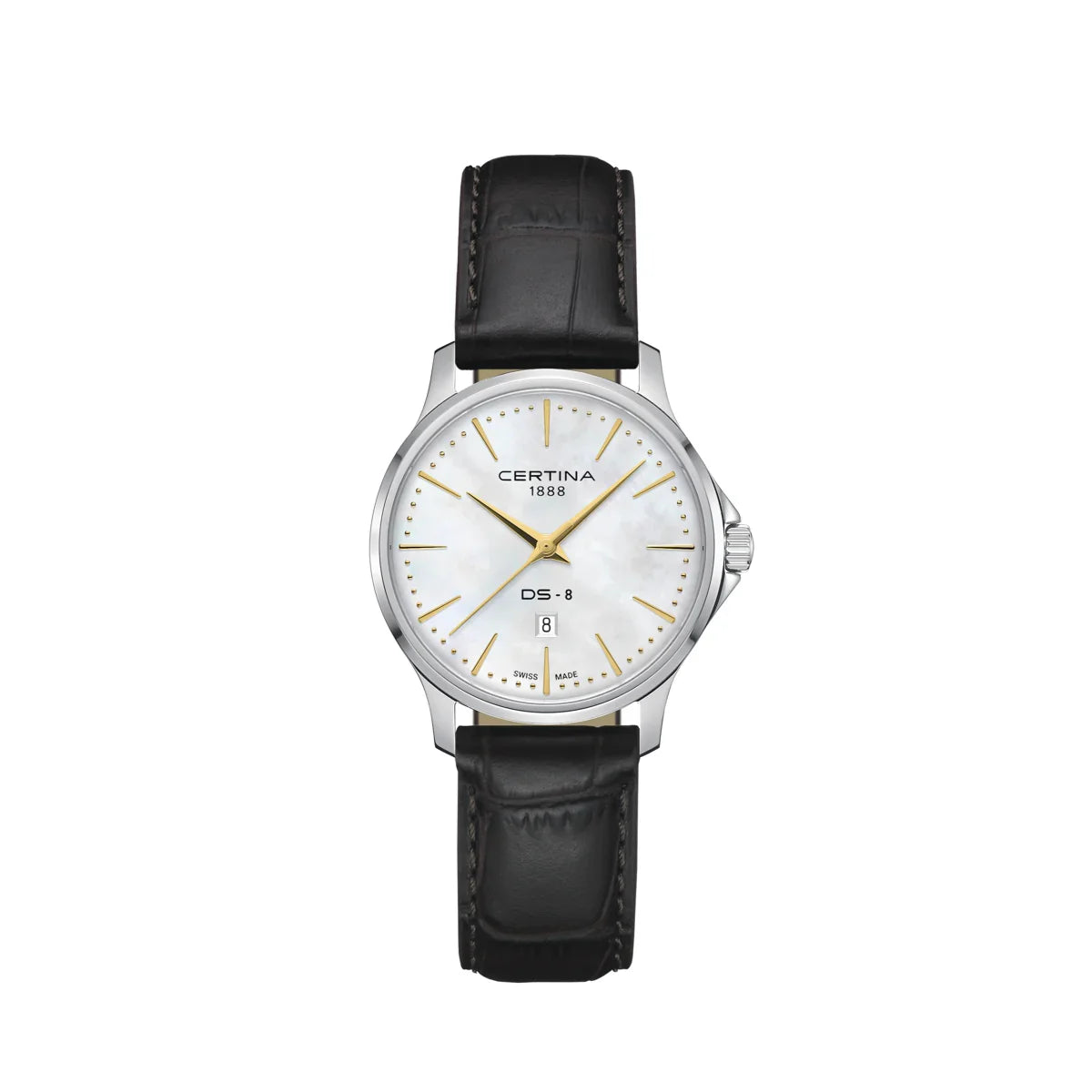 Certina DS-8 Lady 31mm with brown leather strap, elegant watch with mother-of-pearl dial and gold details. Model C045.010.16.111.00
