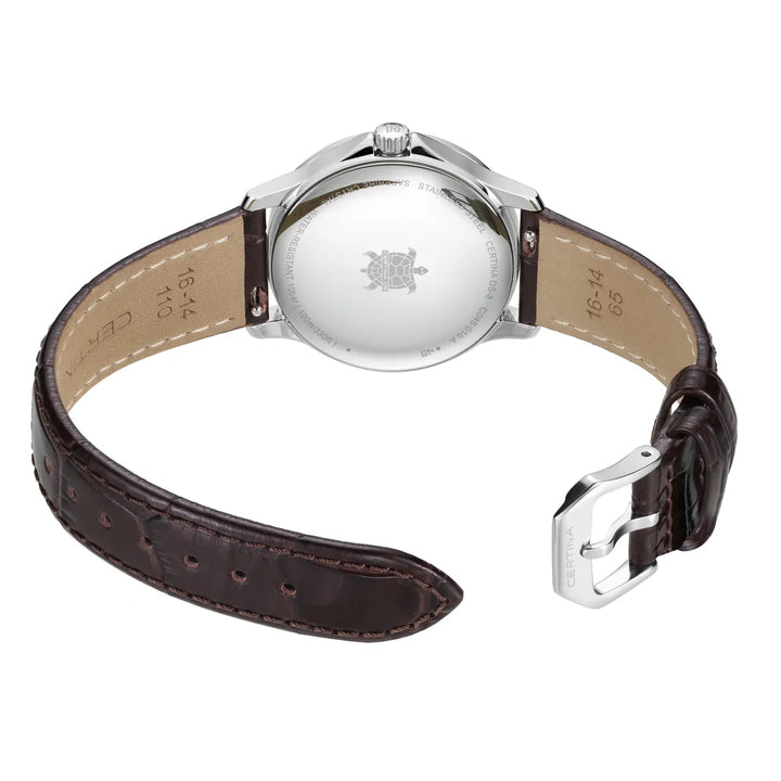 Certina DS-8 Lady 31mm with brown leather strap, detail of case and buckle. Model C045.010.16.111.00
