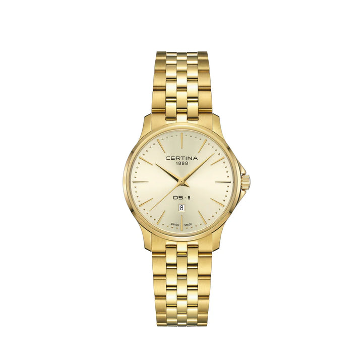 Certina DS-8 Lady 31mm w/gold PVD, elegant women's watch in golden color with classic dial. Model C0450103336100