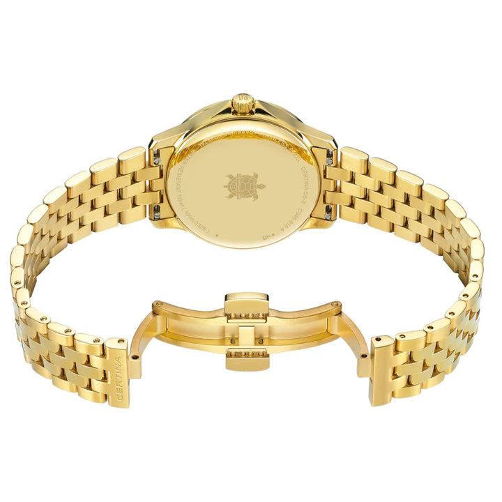 Certina DS-8 Lady 31mm M gold PVD shows the back of the watch with closed case and elegant gold chain.