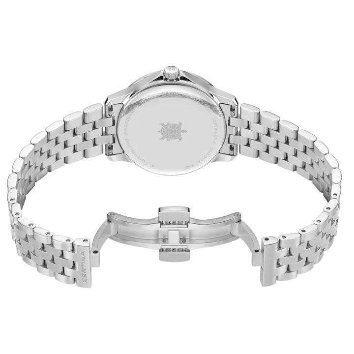 Certina DS-8 Lady 31mm Quarts w steel chain seen from the back with closed steel strap and shiny case.