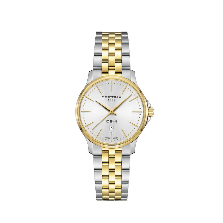 Certina DS-8 Lady steel with gold PVD women's watch with silver-white dial and two-tone chain. Model C0450102203100