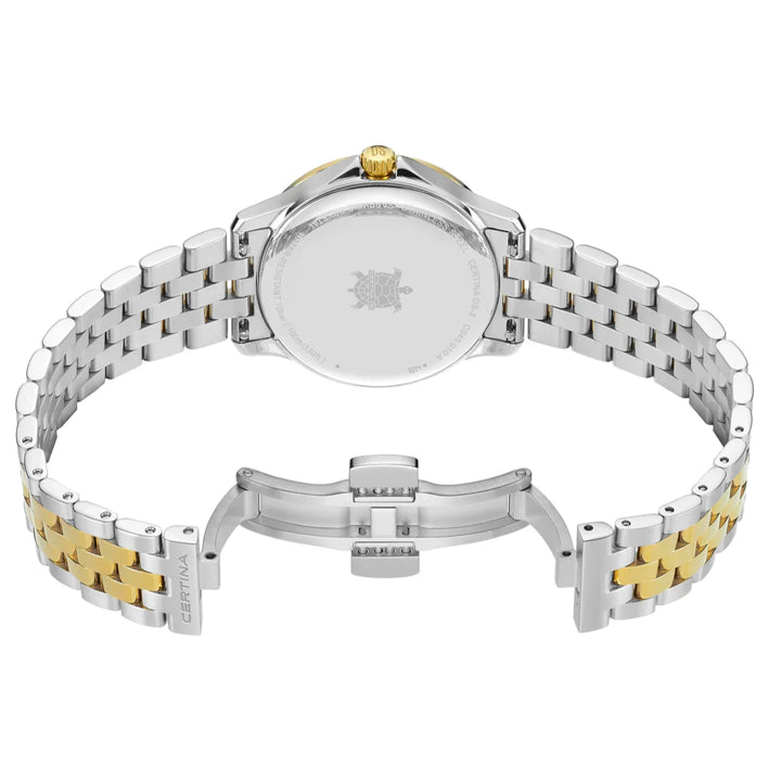 Certina DS-8 Lady steel w/gold PVD watch with two-tone chain and closed back case, Model C0450102203100