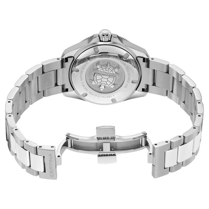 Certina DS Action 34.5mm Powermatic 80 black showing the back with steel watch chain and engraving Model C0320071105100