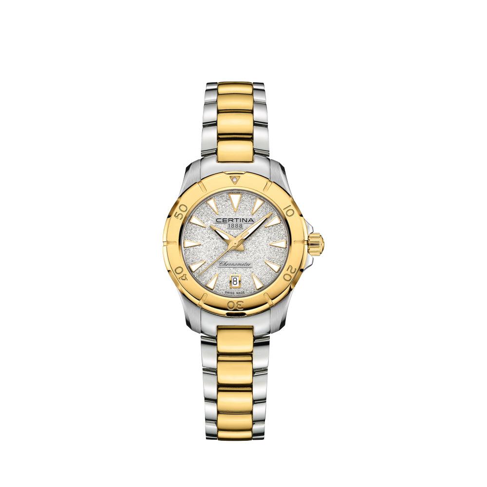 Certina DS Action Women's Watch C0329512203101 shows a two-tone watch in steel and gold with a silver dial. Model C0329512203101.