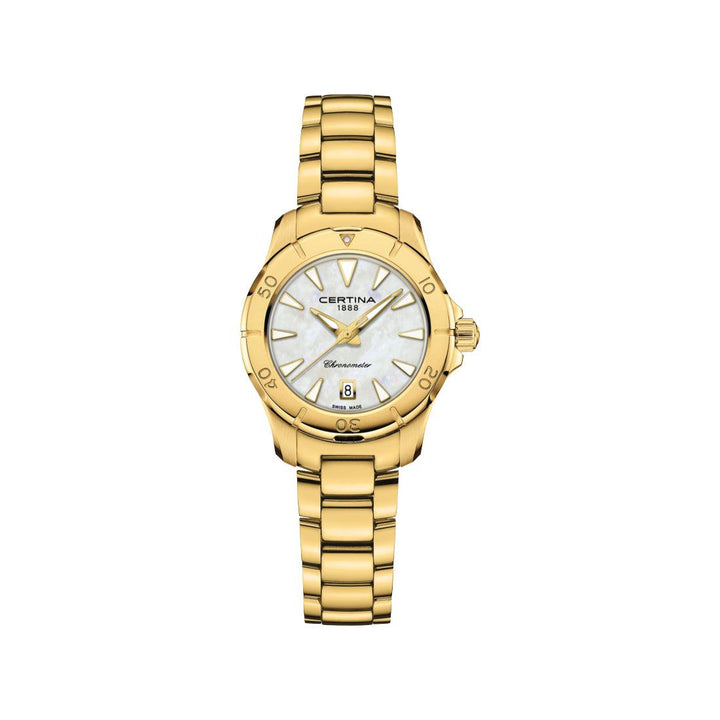 Certina DS Action Women's watch C0329513311100 with gold-tone chain, white mother-of-pearl dial and date. Model C0329513311100