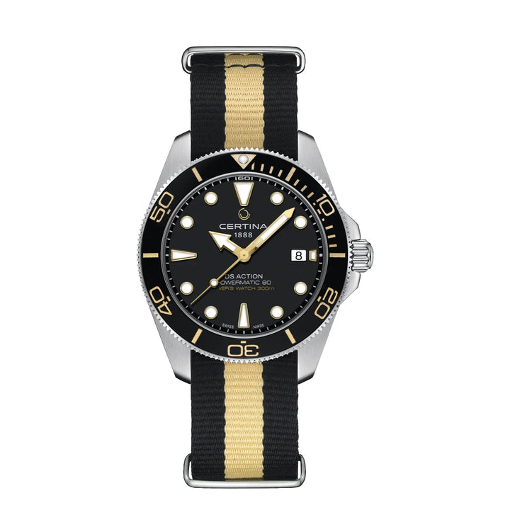 Certina DS Action Diver 40 mm Powermatic 80 nato strap, black dial with gold details and black-beige fabric strap. Model C0484071805101