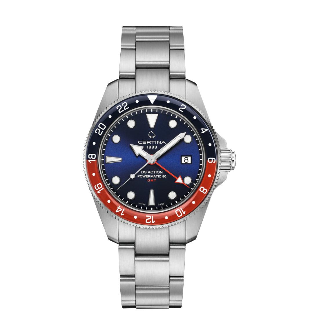 Certina DS Action GMT Powermatic 80 with blue dial, steel case and chain. Model C0329291104100.