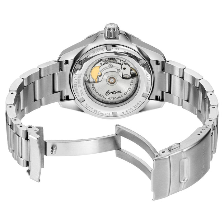 Certina DS Action GMT Powermatic 80 shown from the back with open steel bracelet and visible movement.