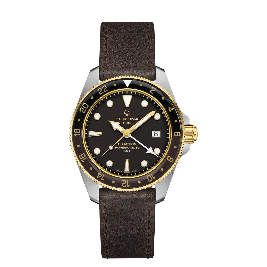 Certina DS Action GMT Powermatic 80 with black dial, gold details and brown leather strap. Model C0329292605100