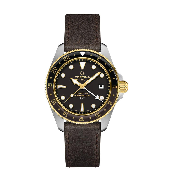 Certina DS Action GMT Powermatic 80 with black dial, gold details and brown leather strap. Model C0329292605100