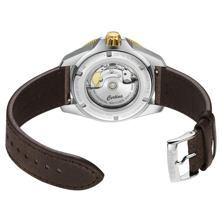 Certina DS Action GMT Powermatic 80 back view with open brown leather strap and visible movement, Model C0329292605100