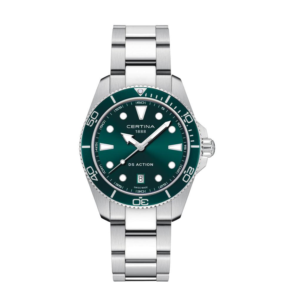 Certina DS Action green dial quartz, classic watch with steel chain and green dial. Model C0484101109100.