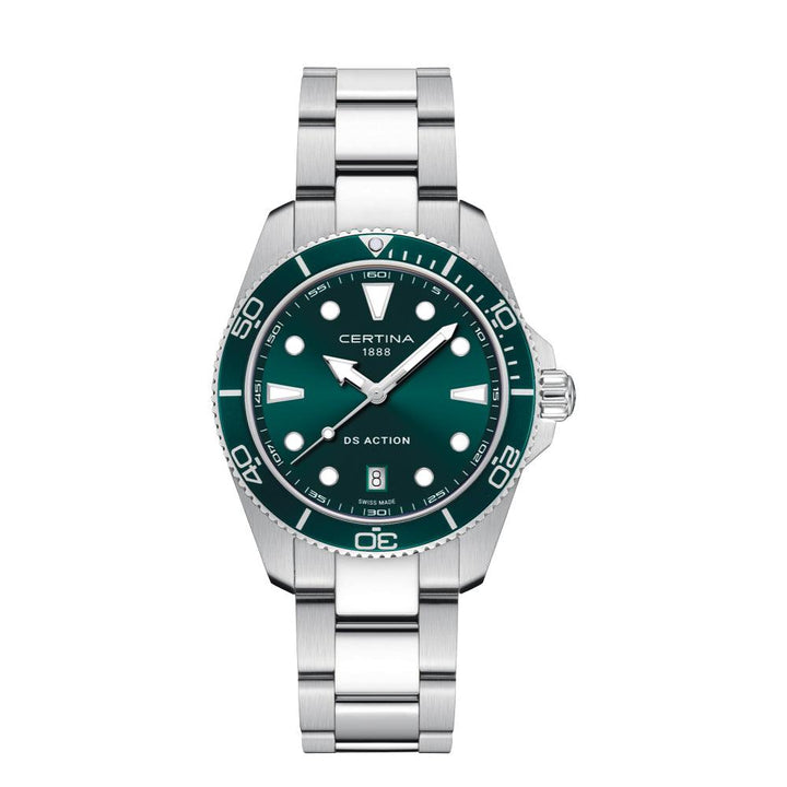 Certina DS Action green dial quartz, classic watch with steel chain and green dial. Model C0484101109100.