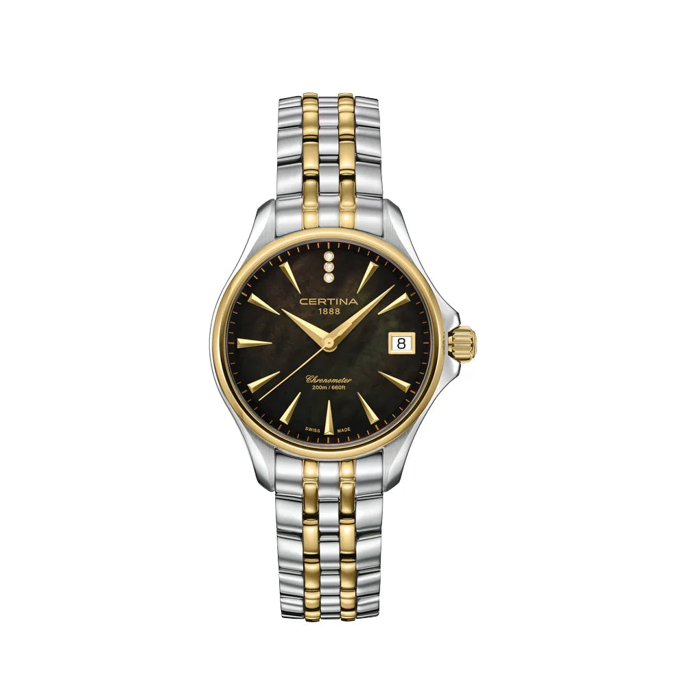 Certina DS Action Lady Diamonds with black mother-of-pearl dial, gold and steel detail. Model C0320512212601