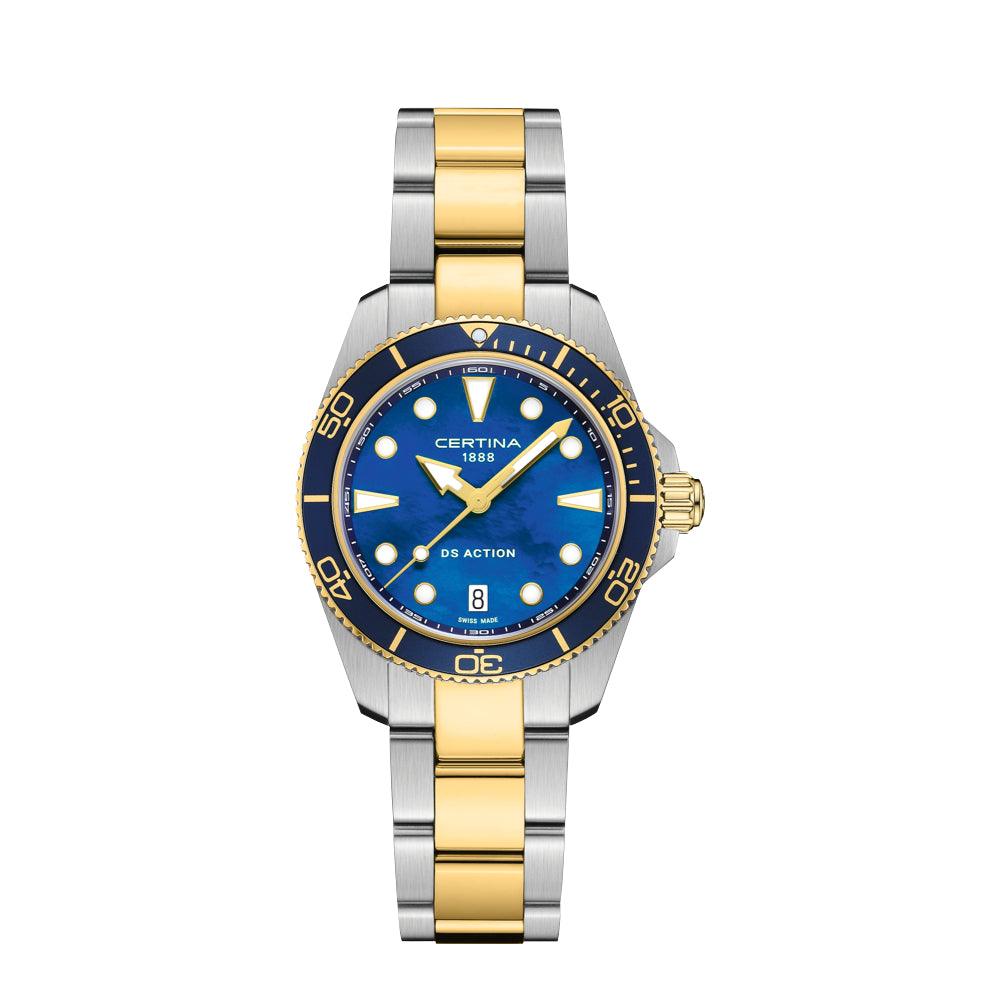 Certina DS Action Ocean Blue Mother of Pearl 34.5mm Quartz, two-tone steel chain and blue dial. Model C0482102213100.