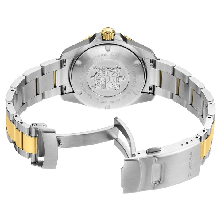 Certina DS Action Ocean Blue Mother of Pearl 34.5mm Quartz watch seen from the back with two-tone chain and clear turtle motif on the back case.