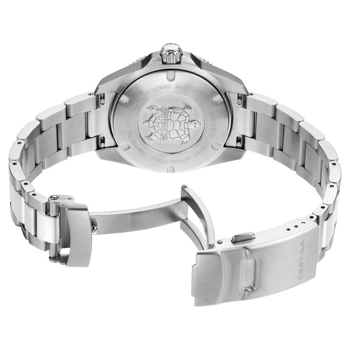 Certina DS Action mother-of-pearl dial 34.5mm quartz shows back in stainless steel with closed buckle and tortoise motif on the case back.