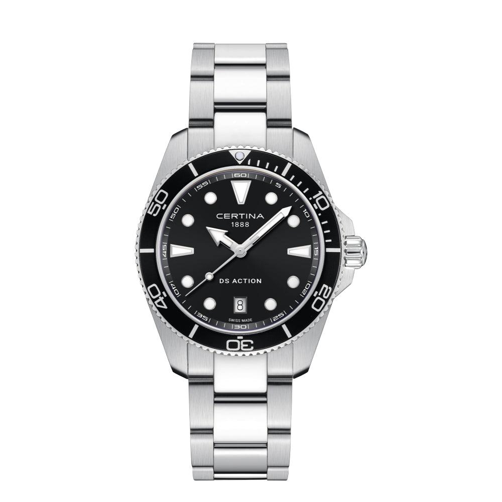 Certina DS Action black dial 40mm quartz men's watch with steel chain, Model C0484101105100.