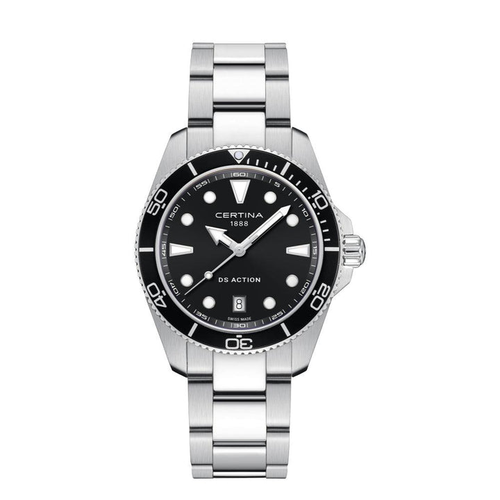 Certina DS Action black dial 40mm quartz men's watch with steel chain, Model C0484101105100.