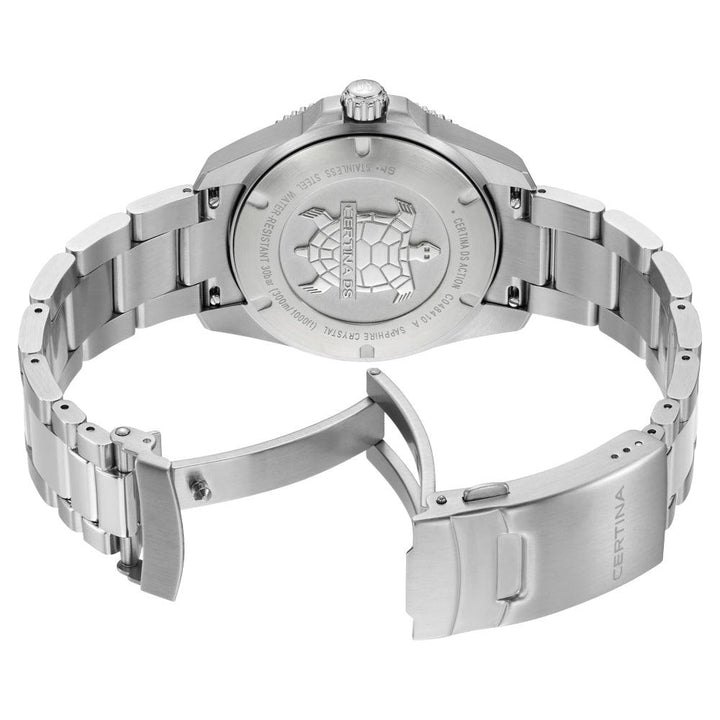 Certina DS Action Black Dial 40mm Quartz with steel link, detail of the case back and folding clasp, Model C0484101105100.
