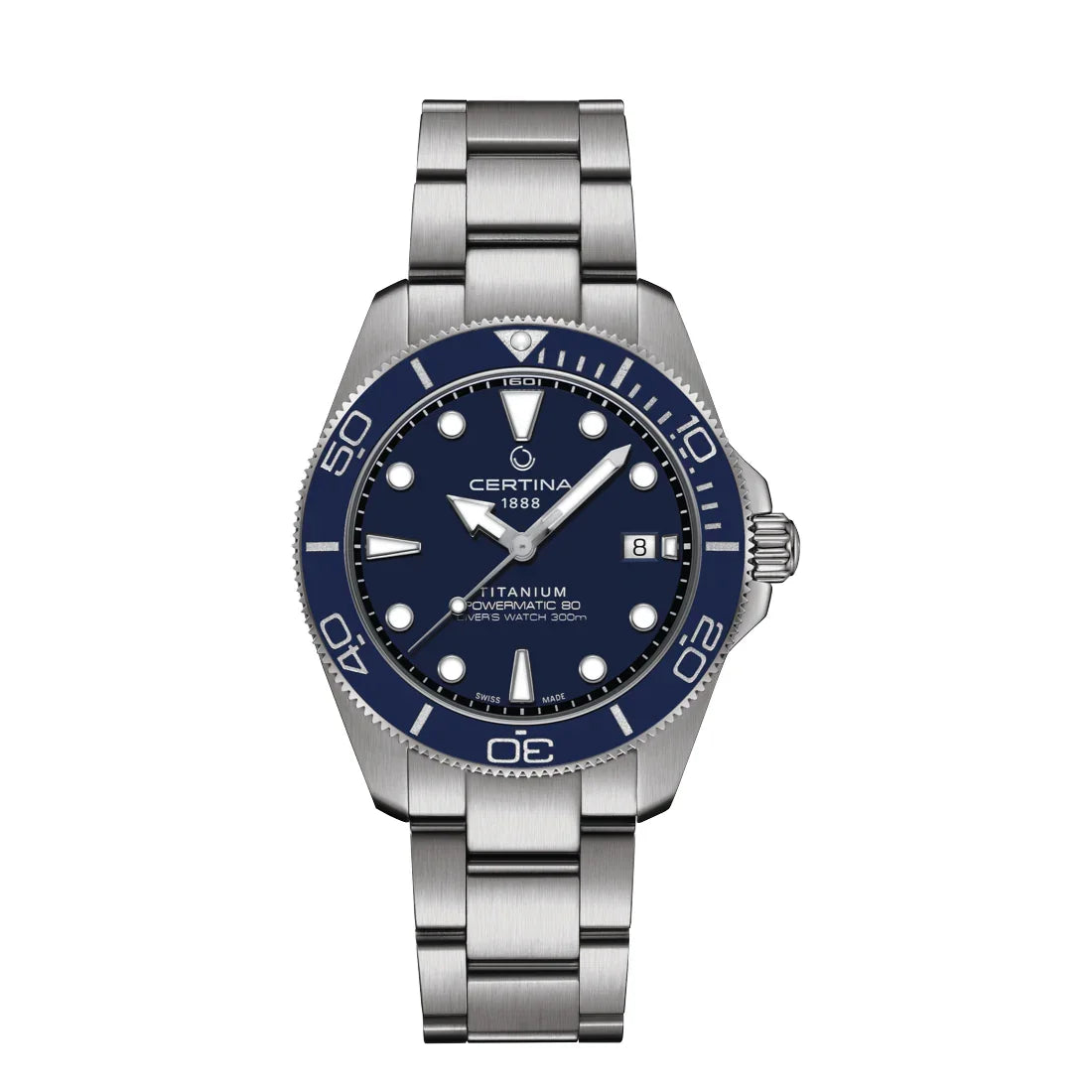 Certina DS Action Titanium Powermatic 80 watch with blue dial and silver titanium strap, Model C0484074404100.