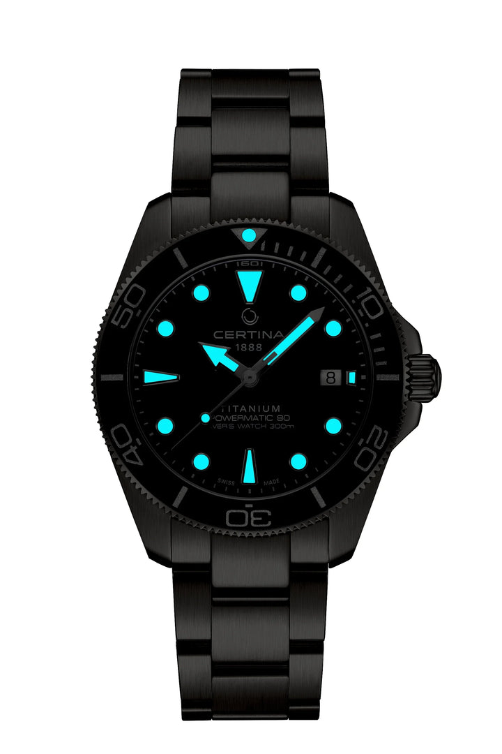 Certina DS Action Titanium Powermatic 80 watch with black titanium chain and blue luminescent details. Model C0484074404100.