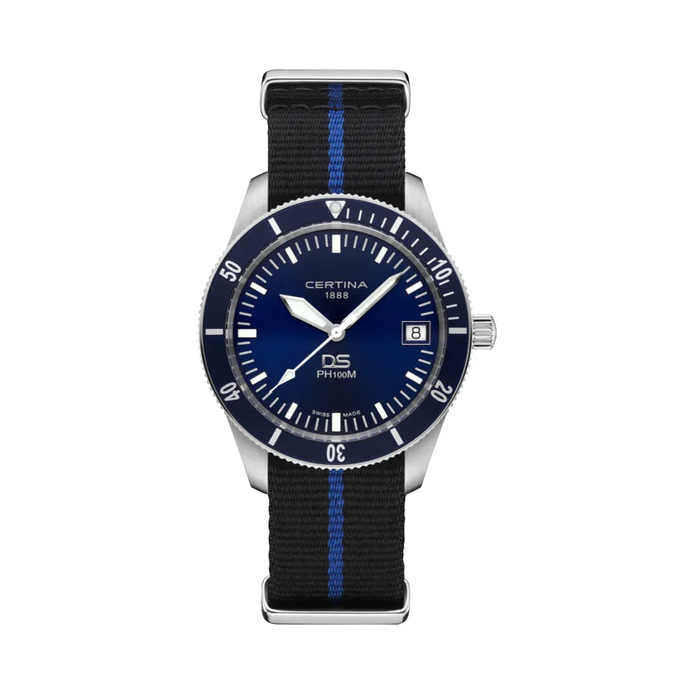 Certina DS PH100M Gent blue dial with black and blue textile strap, round steel case. Model C0444101804000