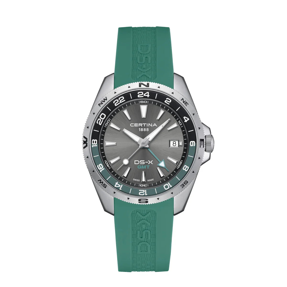Certina DS-X GMT 41mm with rubber strap, steel case and gray dial, Model C0474521708100.
